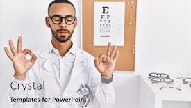  Presentation with eyesight - Presentation design with african-american-optician-man-standing background and a light gray colored foreground