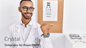  Presentation with eyesight - Presentation theme having african-american-optician-man-standing background and a light gray colored foreground