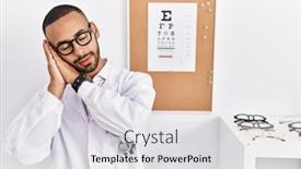  Presentation with eyesight - Presentation design having african-american-optician-man-standing background and a light gray colored foreground