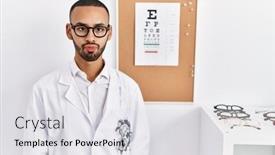  Presentation with eyesight - Slide deck with african-american-optician-man-standing background and a light gray colored foreground