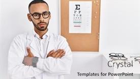  Presentation with eyesight - PPT theme enhanced with african-american-optician-man-standing background and a light gray colored foreground