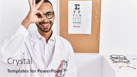  Presentation with eyesight - Presentation theme with african-american-optician-man-standing background and a sky blue colored foreground