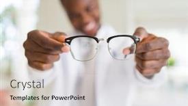  Presentation with lens - Cool new theme with african american optiian man holding and showing glasses lens to custumers at the optics shop while smiling confident backdrop and a light gray colored foreground