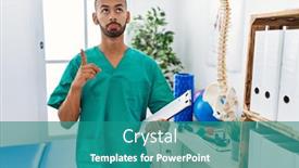  Presentation with physiotherapist - Presentation design enhanced with african-american-physiotherapist-man-working background and a teal colored foreground