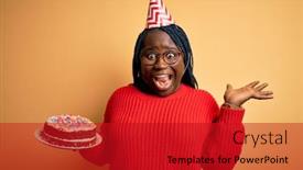  Presentation with happy birthday cake - Cool new PPT theme with african-american-plus-size-woman backdrop and a crimson colored foreground