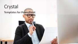  Presentation with data - Cool new slides with african american reading - elegant young businessman analyzing data backdrop and a  colored foreground