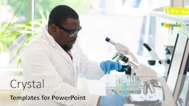  Presentation with doctor african - Amazing slide deck having african-american-scientist-working backdrop and a sky blue colored foreground