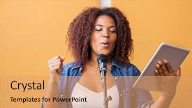  Presentation with hands holding black tablet - Slides featuring african american singer - woman singing while holding digital background and a coral colored foreground