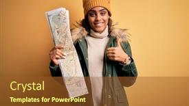  Presentation with city map - PPT theme featuring african-american-skier-tourist-girl background and a tawny brown colored foreground