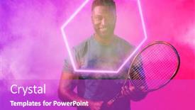  Presentation with hexagon - PPT theme consisting of african-american-smiling-male-tennis background and a purple colored foreground