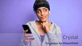  Presentation with african american woman question - Presentation theme enhanced with african-american-sporty-woman-doing background and a light blue colored foreground