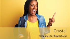  Presentation with student - Beautiful PPT theme featuring african american student woman using smartphone standing over isolated yellow background very happy pointing with hand and finger to the side backdrop and a yellow colored foreground