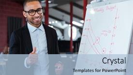  Presentation with office - Colorful slides enhanced with african american training - happy businessman showing ok sign backdrop and a light blue colored foreground