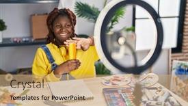  Presentation with recording studio - Presentation design consisting of african-american-woman-artist-recording background and a coral colored foreground