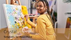  Presentation with art - PPT theme having african-american-woman-artist-smiling background and a gold colored foreground