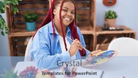  Presentation with artist - Presentation consisting of african-american-woman-artist-smiling background and a light blue colored foreground