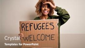  Presentation with refugees - PPT theme enhanced with african-american-woman-asking background and a coral colored foreground