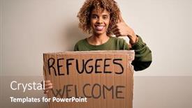  Presentation with refugees - Amazing PPT theme having african-american-woman-asking backdrop and a tawny brown colored foreground