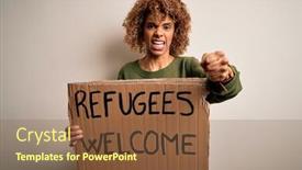  Presentation with refugees - Amazing PPT theme having african-american-woman-asking backdrop and a tawny brown colored foreground
