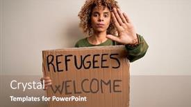  Presentation with refugees - PPT layouts having african-american-woman-asking background and a coral colored foreground