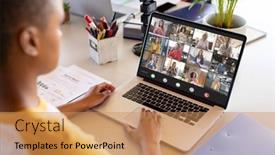 Presentation with african american business - Presentation theme featuring african-american-woman-at-desk background and a coral colored foreground