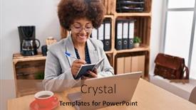  Presentation with african american business - Presentation theme having african-american-woman-business-worker background and a coral colored foreground