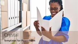  Presentation with african american business - Presentation theme with african-american-woman-business-worker background and a  colored foreground