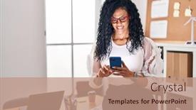  Presentation with african american business - Presentation theme having african-american-woman-business-worker background and a coral colored foreground