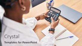  Presentation with business calculator - Presentation theme with african-american-woman-business-worker background and a light gray colored foreground