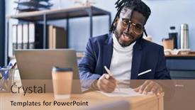  Presentation with bussiness - PPT theme enhanced with african-american-woman-bussiness-worker background and a coral colored foreground