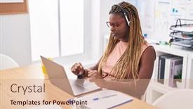  Presentation with vertical - Slides enhanced with african-american-woman-call-center background and a coral colored foreground