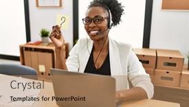  Presentation with african american woman question - Presentation theme consisting of african-american-woman-call-center background and a coral colored foreground