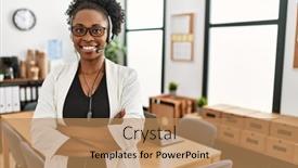  Presentation with call center - Slide deck consisting of african-american-woman-call-center background and a  colored foreground