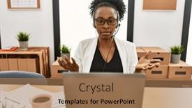  Presentation with speaking - Slide deck featuring african-american-woman-call-center background and a coral colored foreground