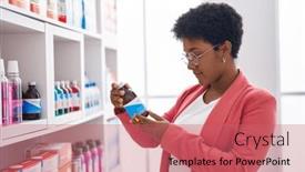  Presentation with medication - PPT theme with african-american-woman-customer-reading background and a coral colored foreground