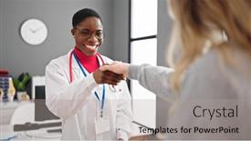  Presentation with shake hand - Presentation theme having african-american-woman-doctor-shake background and a light gray colored foreground