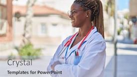  Presentation with doctor african - Slide deck with african-american-woman-doctor-smiling background and a light blue colored foreground