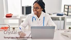  Presentation with medical laptop - Presentation theme featuring african-american-woman-doctor-using background and a soft green colored foreground