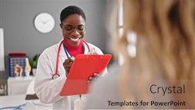  Presentation with african american patient - PPT layouts consisting of african-american-woman-doctor-writing background and a coral colored foreground