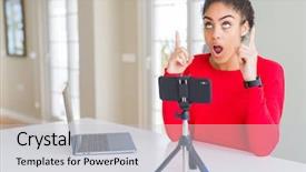  Presentation with african american leadership - Amazing PPT theme having african american woman doing video backdrop and a light gray colored foreground