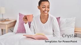  Presentation with coffee book - Presentation design with african-american-woman-drinking-cup background and a light gray colored foreground