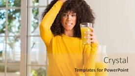  Presentation with healthy juice - Colorful slide set enhanced with african american woman drinking healthy fruit juice at home stressed with hand on head shocked with shame and surprise face angry and frustrated fear and upset for mistake backdrop and a yellow colored foreground