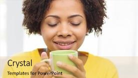  Presentation with african people - Beautiful PPT layouts featuring african american woman drinking tea backdrop and a yellow colored foreground