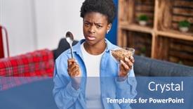  Presentation with healthy eating - Slides with african-american-woman-eating-healthy background and a  colored foreground