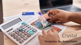  Presentation with business calculator - PPT theme with african-american-woman-ecommerce-business background and a coral colored foreground