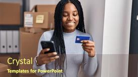  Presentation with business card - PPT theme having african-american-woman-ecommerce-business background and a tawny brown colored foreground