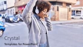  Presentation with american music - Slide deck having african-american-woman-executive-listening background and a  colored foreground