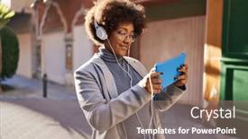  Presentation with executive - Presentation theme enhanced with african-american-woman-executive-playing background and a gray colored foreground