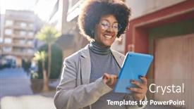  Presentation with executive - Presentation consisting of african-american-woman-executive-smiling background and a gray colored foreground