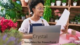  Presentation with flower woman - PPT theme having african-american-woman-florist-using background and a coral colored foreground